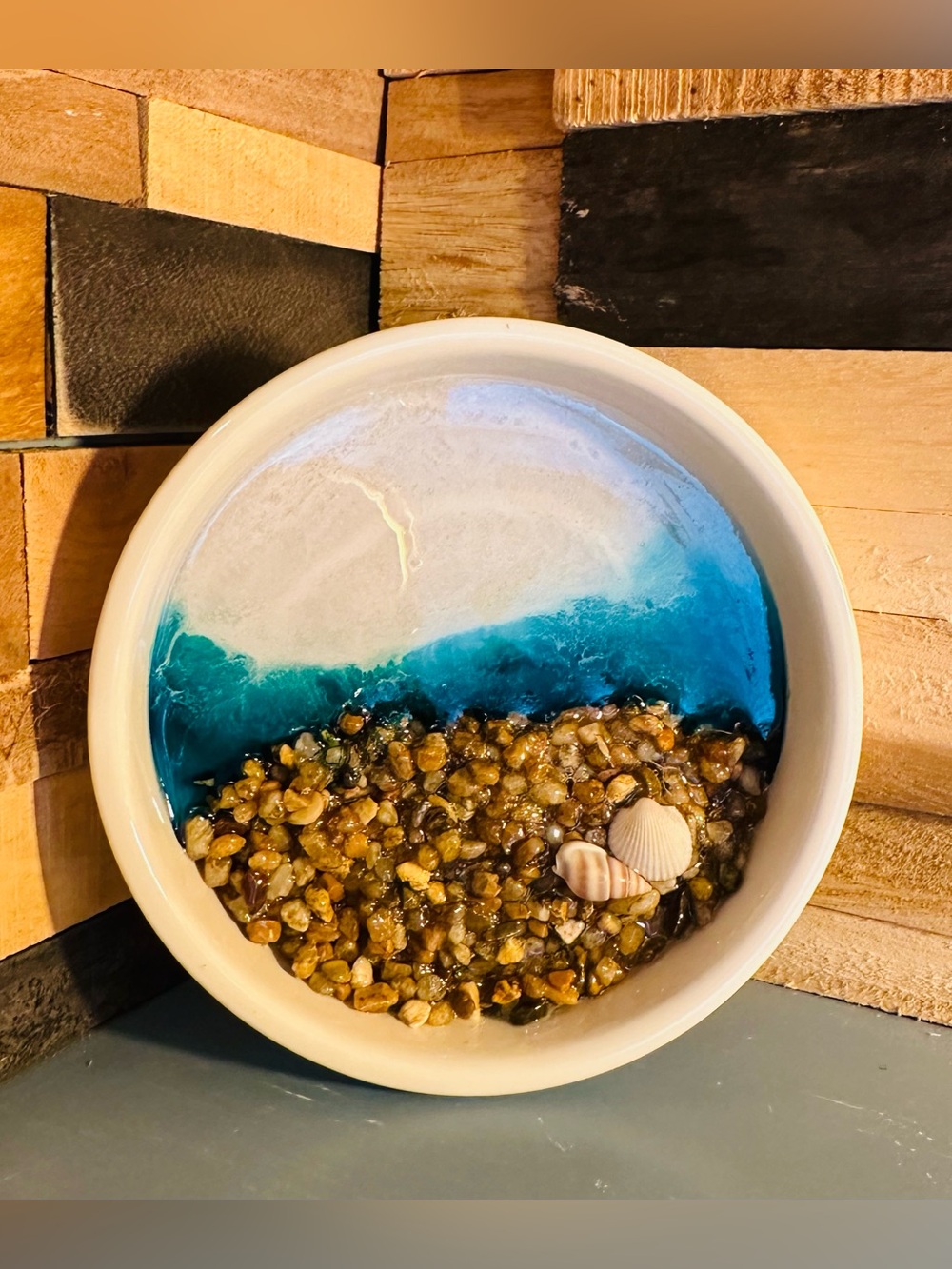 Hand Crafted Coastal Resin Bowl with Blue, White, Tan and Brown Accents